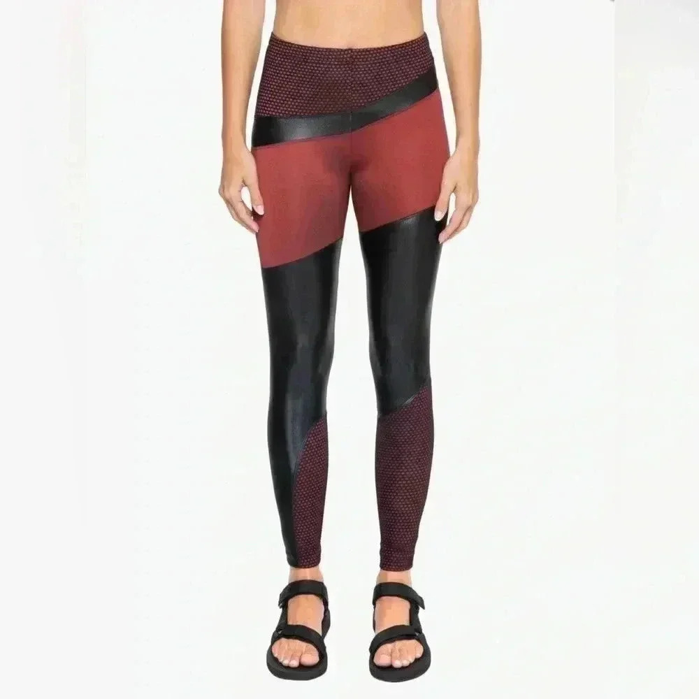 Koral Black‎ Red & FishNet Asymmetric Color Block Athletic Yoga Leggings Size M